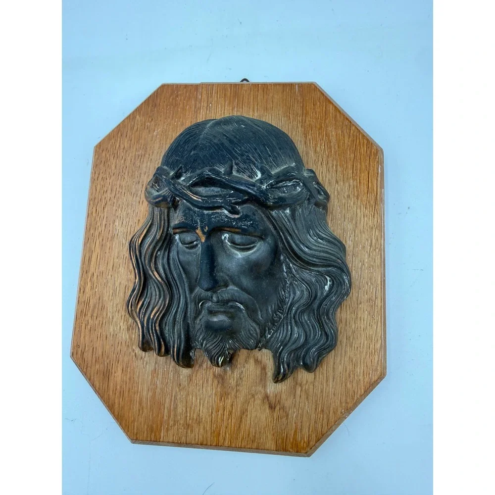 Jesus‎ Wall Plaque Religious Brown Metal Relief Wood Octagon Decor 7